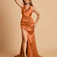 Sexy Satin Open Back Prom Dresses Mermaid V-neck Side Slit With Train