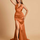 Sexy Satin Open Back Bridesmaid Dresses Mermaid V-neck Side Slit With Train