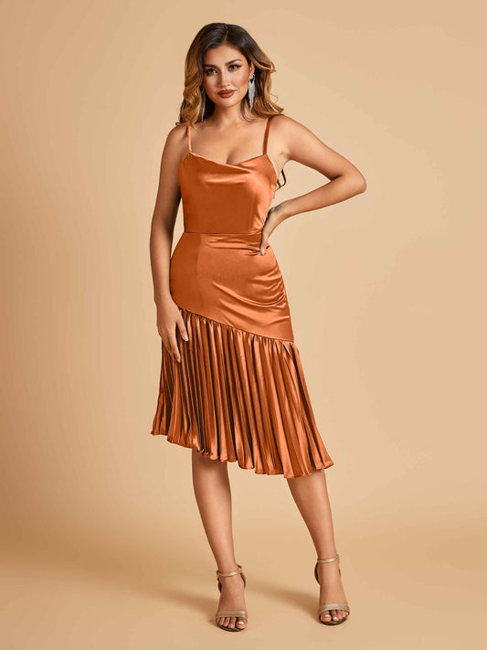 Sexy Satin Midi Asymmetrical Bridesmaid Dresses Spaghetti Straps Mermaid With Ruffles