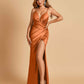 Sexy Satin Spaghetti Straps Prom Dresses V-neck Side Slit Pleats Floor Length Sheath
