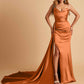 Sexy Satin Sheath Bridesmaid Dresses Strapless Sweetheart Side Slit With Train