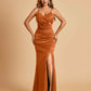 Sexy Satin Mermaid Bridesmaid Dresses Spaghetti Straps V-neck Side Slit Floor Length