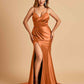 Satin Mermaid V-neck Bridesmaid Dresses Spaghetti Straps Side Slit Floor Length