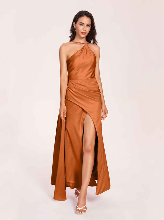 Sexy Satin Halter Strap Sheath Prom Dresses Side Slit Pleats Floor Length