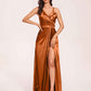Sexy Satin A-line Prom Dresses Spaghetti Straps Side Slit V-neck Floor Length