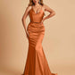 Sexy Satin Mermaid Prom Dresses Spaghetti Straps V-neck Pleats Floor Length