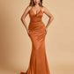 Satin Mermaid Open-back Prom Dresses Spaghetti Straps V-neck With Pleats Floor Length