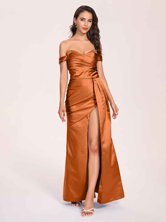 Elegant Satin Off Shoulder Bridesmaid Dresses Side-slit Sweetheart Floor Length Sheath