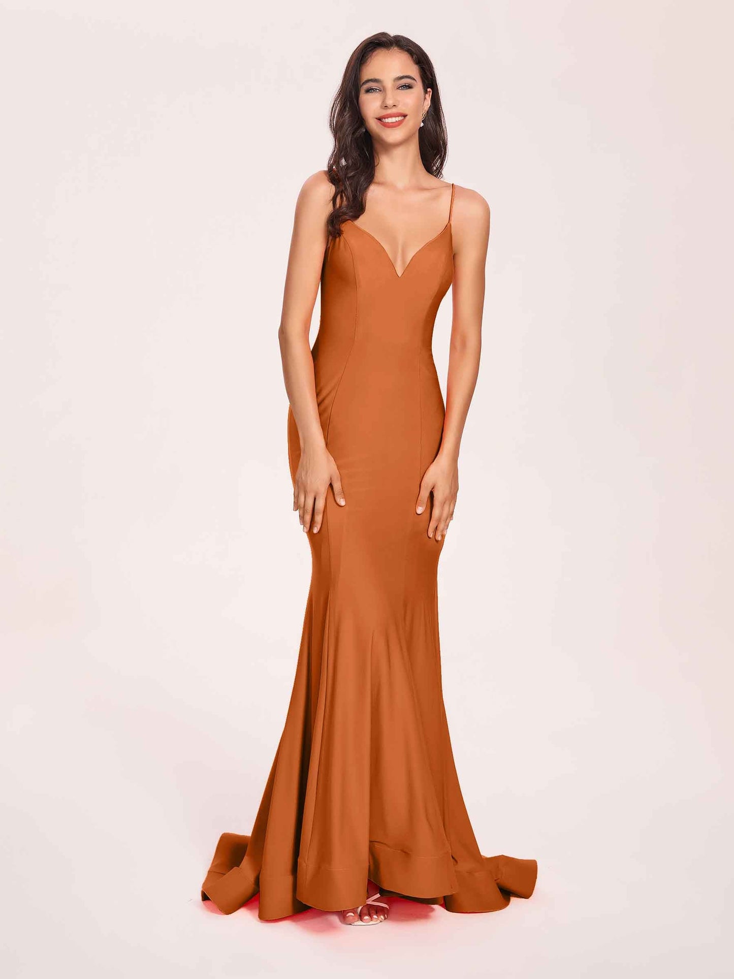 Sexy Satin Mermaid Prom Dresses Spaghetti Straps V-neck Floor Length Lace-up Back
