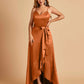Satin Asymmetric V-neck Bridesmaid Dresses Sleeveless Side Slit A-line Unique For Sale