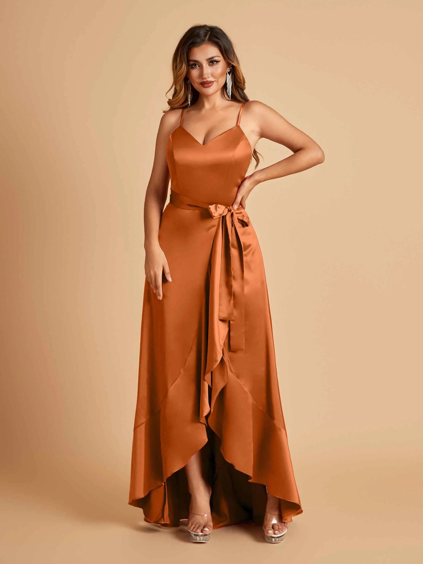 Satin Asymmetric V-neck Bridesmaid Dresses Sleeveless Side Slit A-line Unique For Sale