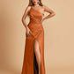 Satin One Shoulder Sheath Prom Dresses Spaghetti Straps Side Slit Floor Length