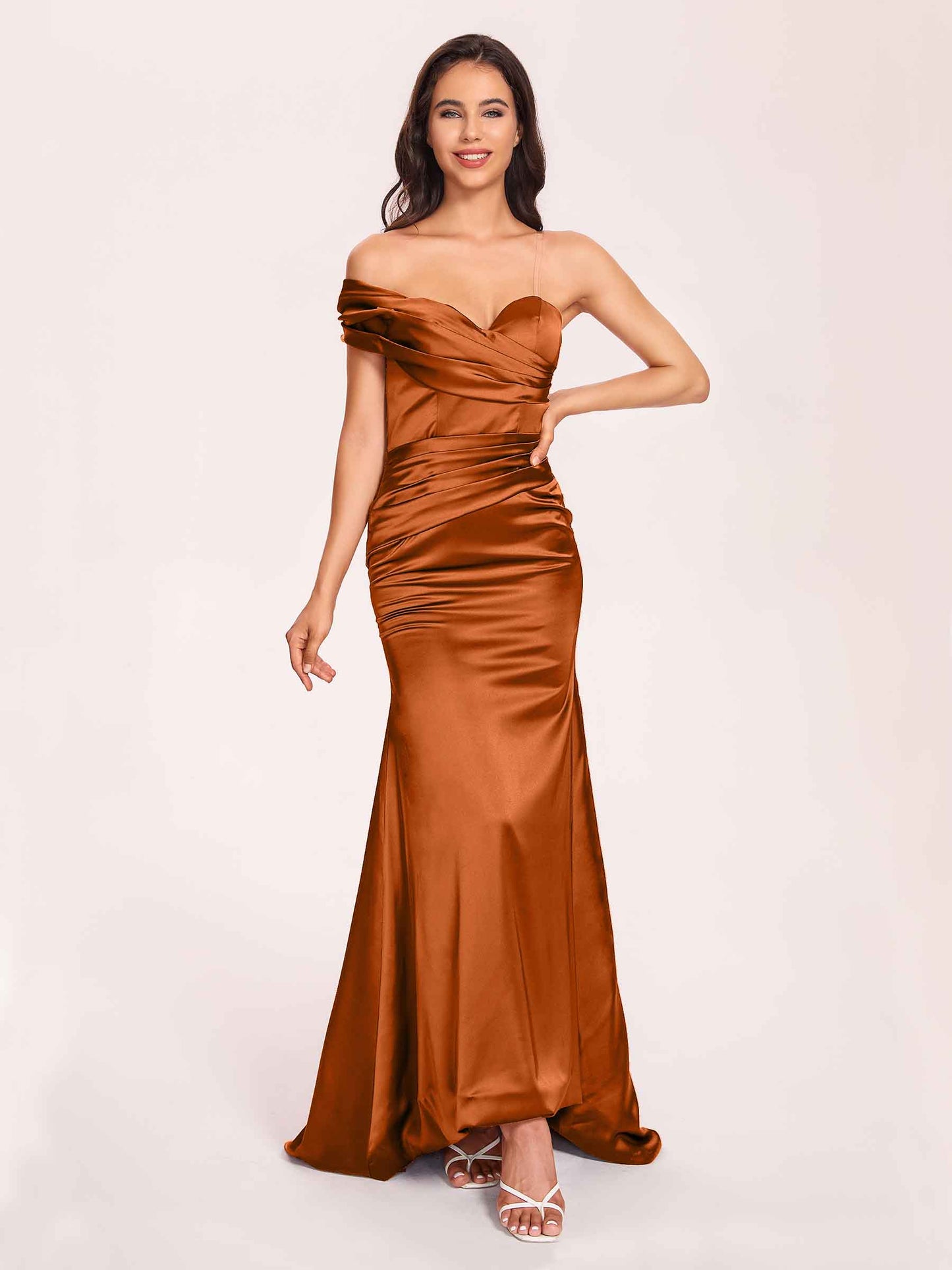 Satin One-shoulder Bridesmaid Dresses Pleats Floor Length Mermaid Long