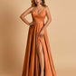 Satin A-line Long Prom Dresses Spaghetti Straps V-neck Side Slit Floor Length