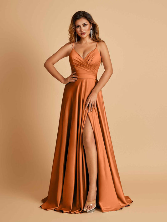 Satin A-line Long Prom Dresses Spaghetti Straps V-neck Side Slit Floor Length