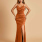 Sexy Satin Mermaid Prom Dresses Spaghetti Straps V-neck Side Slit Floor Length