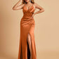 Sexy Satin Sheath Bridesmaid Dresses Spaghetti Straps V-neck Side Slit Pleats Floor Length