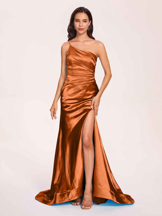 Satin One-shoulder Mermaid Prom Dresses Side Slit Pleats Floor Length