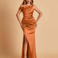 Unique Satin One Shoulder Prom Dresses Side Slit Half Open Back Floor Length