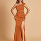 Satin One-shoulder Bridesmaid Dresses Mermaid Side Slit Sleeveless Floor Length
