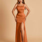 Satin Mermaid Long Prom Dresses Spaghetti Straps Scoop Side Slit Criss-cross Back