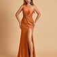 Unique Satin One Shoulder Sheath Bridesmaid Dresses Open Back Side Slit Floor Length