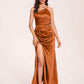Satin Halter Pleats Sheath Prom Dresses Side-Slit Floor Length Sleeveless