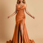 Sexy Satin Mermaid Open Back Prom Dresses Spaghetti Straps V-neck Side Slit