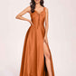 Satin V-neck A-line Prom Dresses Side slit Floor Length