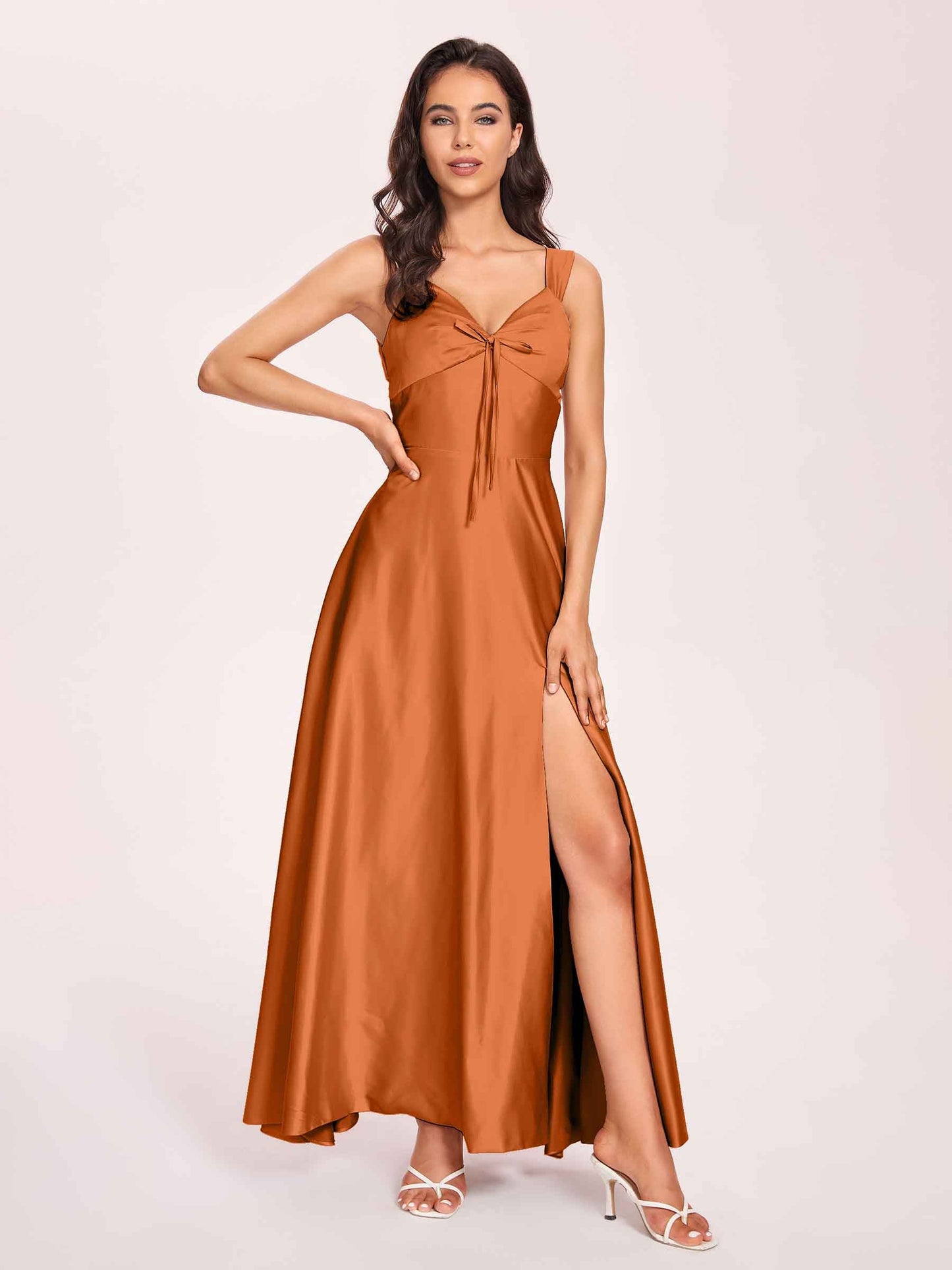 Satin V-neck A-line Prom Dresses Side slit Floor Length