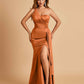 Satin One Shoulder Mermaid Prom Dresses Side Slit Floor Length
