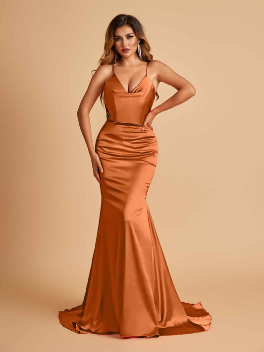 Sexy Satin Mermaid Bridesmaid Dresses Spaghetti Straps V-neck Pleats Floor Length