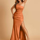 Sexy Strapless Long Bridesmaid Dresses Satin Side Slit Pleats Floor Length Sheath