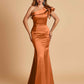 Satin One-shoulder Bridesmaid Dresses Ruffle Sleeves Mermaid Floor Length For Sale