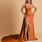 Sexy Satin Sheath Prom Dresses Spaghetti Straps Sweetheart Side Slit With Train