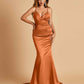 Satin Mermaid V-neck Prom Dresses Spaghetti Straps Floor Length