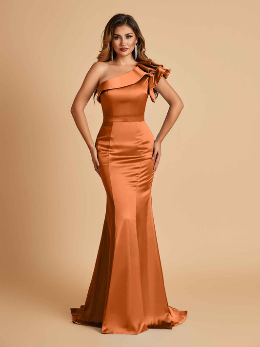 Satin One-shoulder Bridesmaid Dresses Ruffle Sleeves Mermaid Floor Length