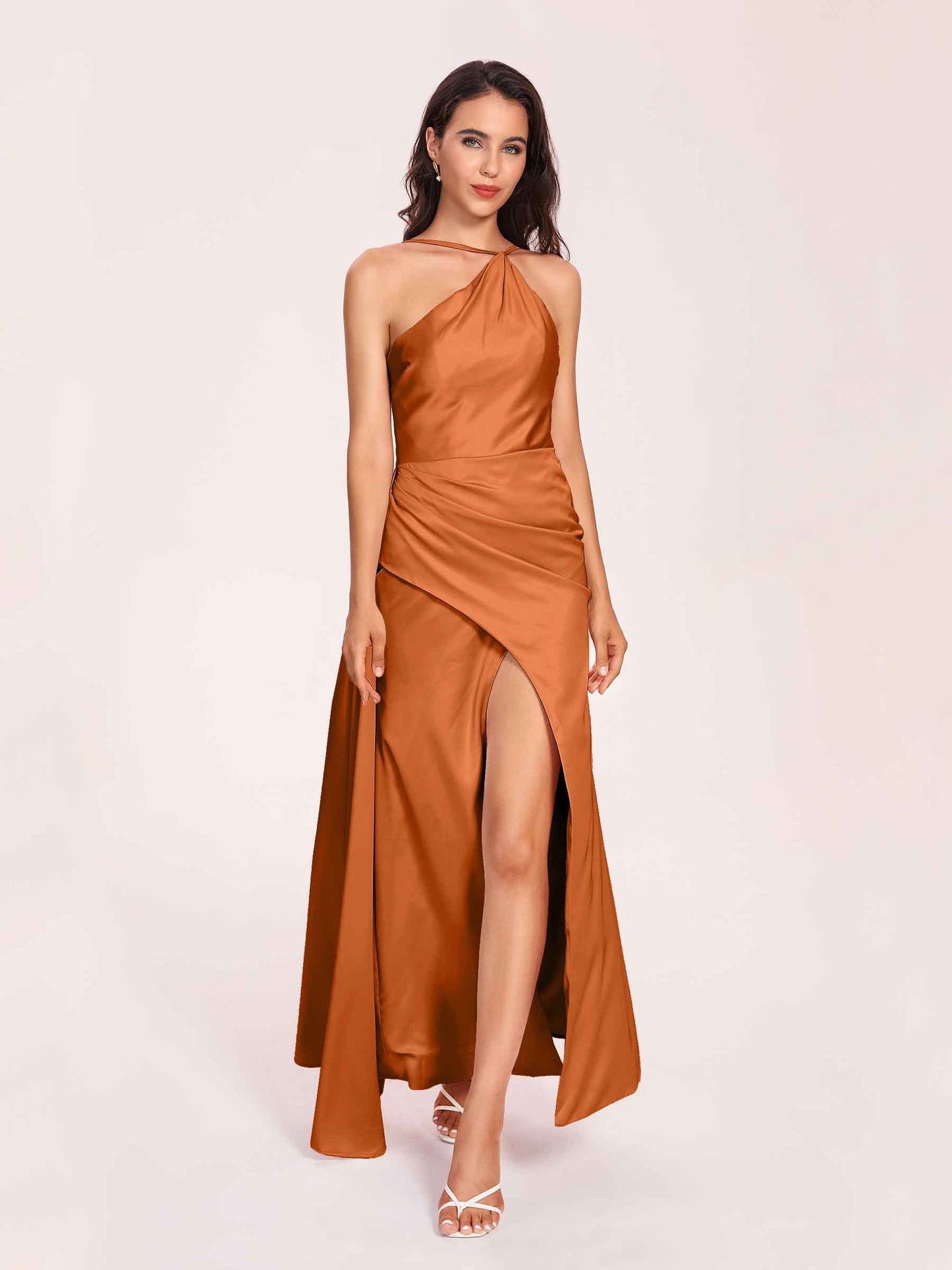 Sexy Satin Halter Strap Sheath Bridesmaid Dresses Side Slit Pleats Floor Length
