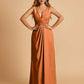Sexy Satin Deep V-neck Long Bridesmaid Dresses A-line Pleats Sleeveless Floor Length