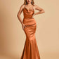 Satin Mermaid Open Back Bridesmaid Dresses Spaghetti Straps Scoop Floor Length