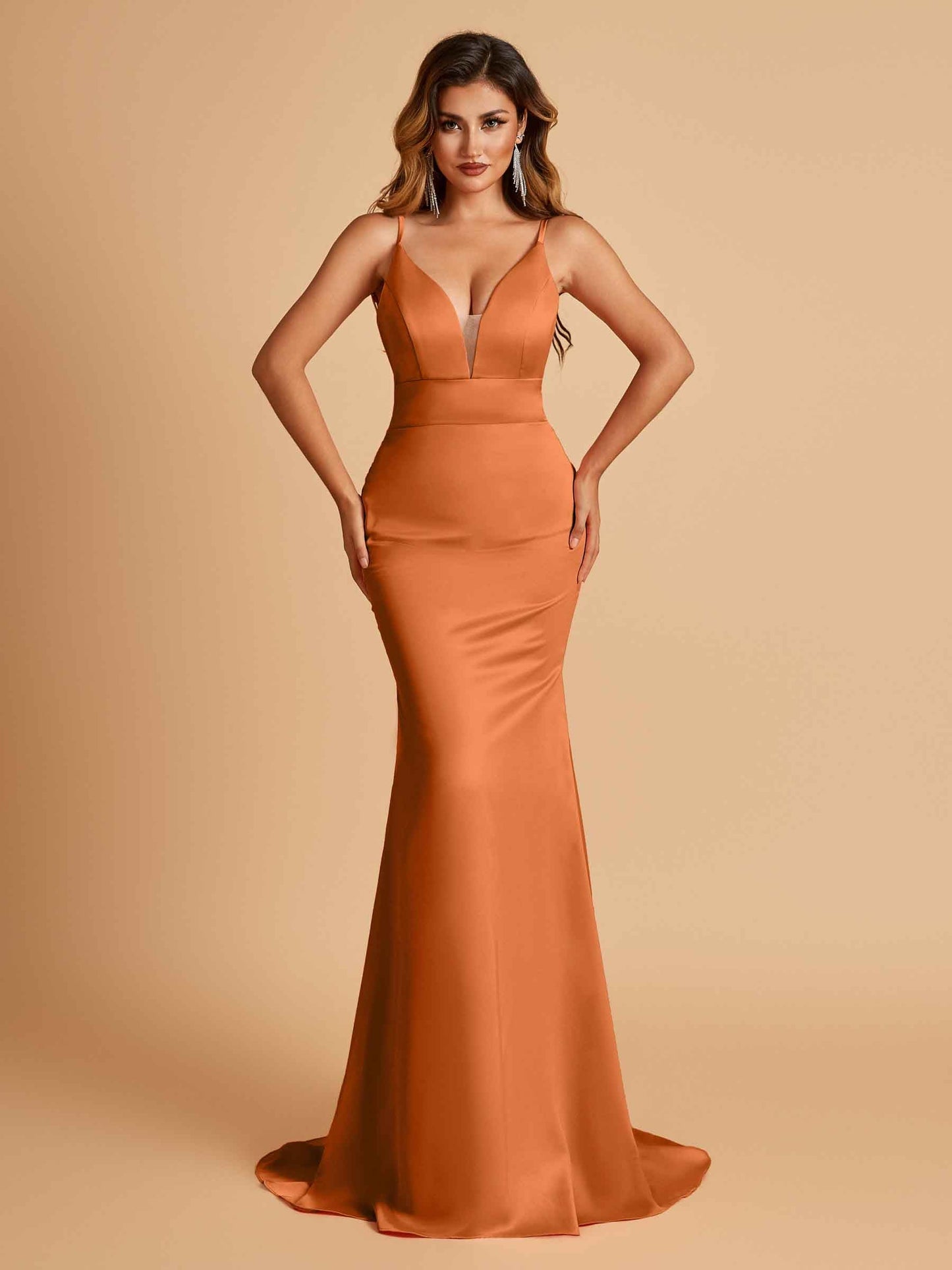 Satin Deep V-neck Mermaid Prom Dresses Open Back Floor Length