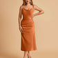 Sexy Satin Midi Prom Dresses Spaghetti Straps Slip Scoop Side Slit