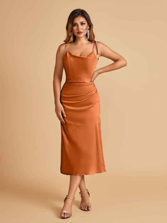 Sexy Satin Midi Prom Dresses Spaghetti Straps Slip Scoop Side Slit