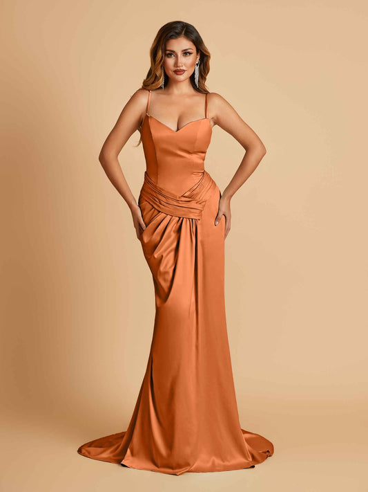 Satin Mermaid Sweetheart Bridesmaid Dresses Spaghetti Straps With Pleats Floor Length