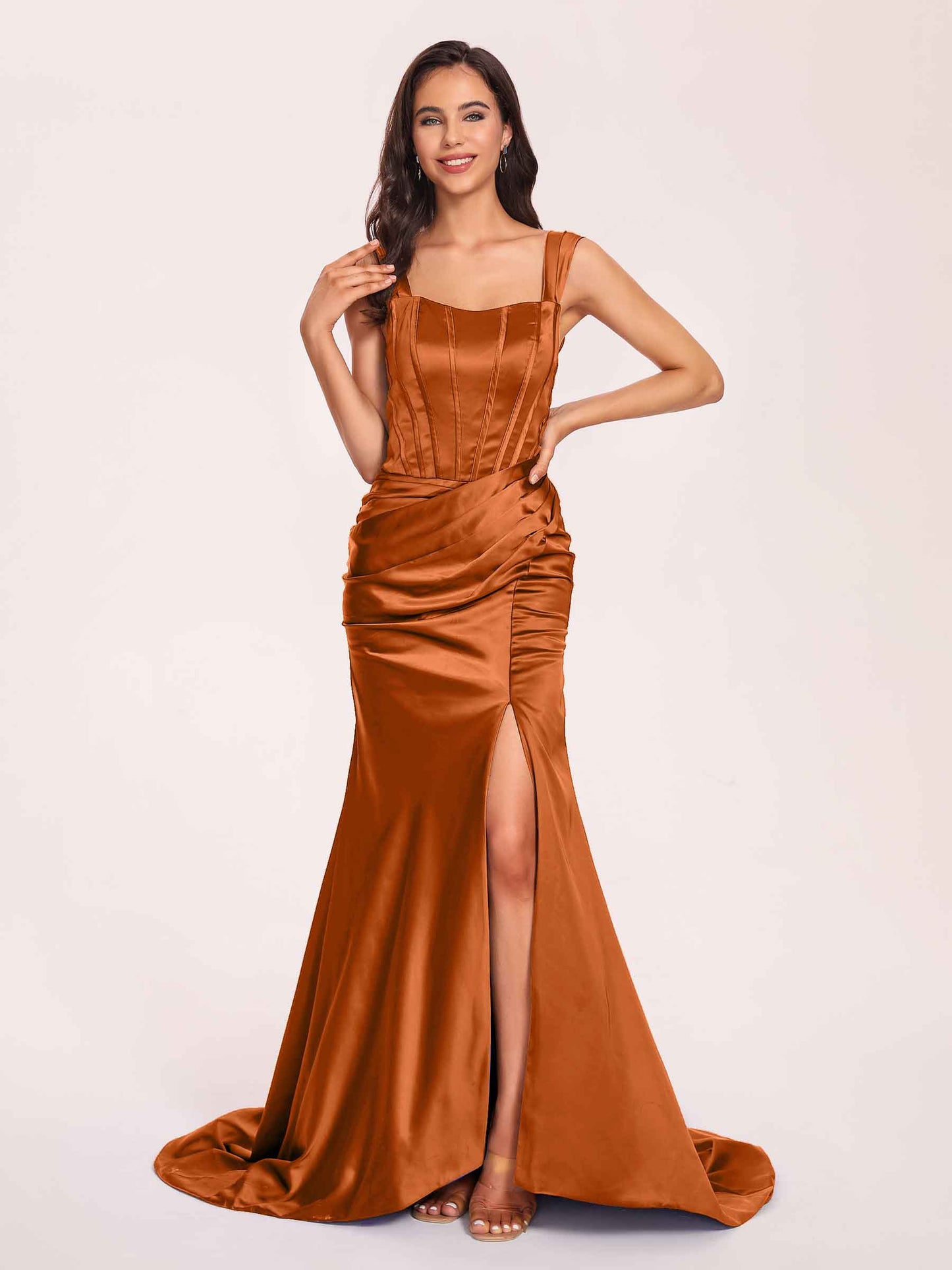 Sexy Satin Square Mermaid Bridesmaid Dresses Pleats Side-Slit Floor-Length Sleeveless