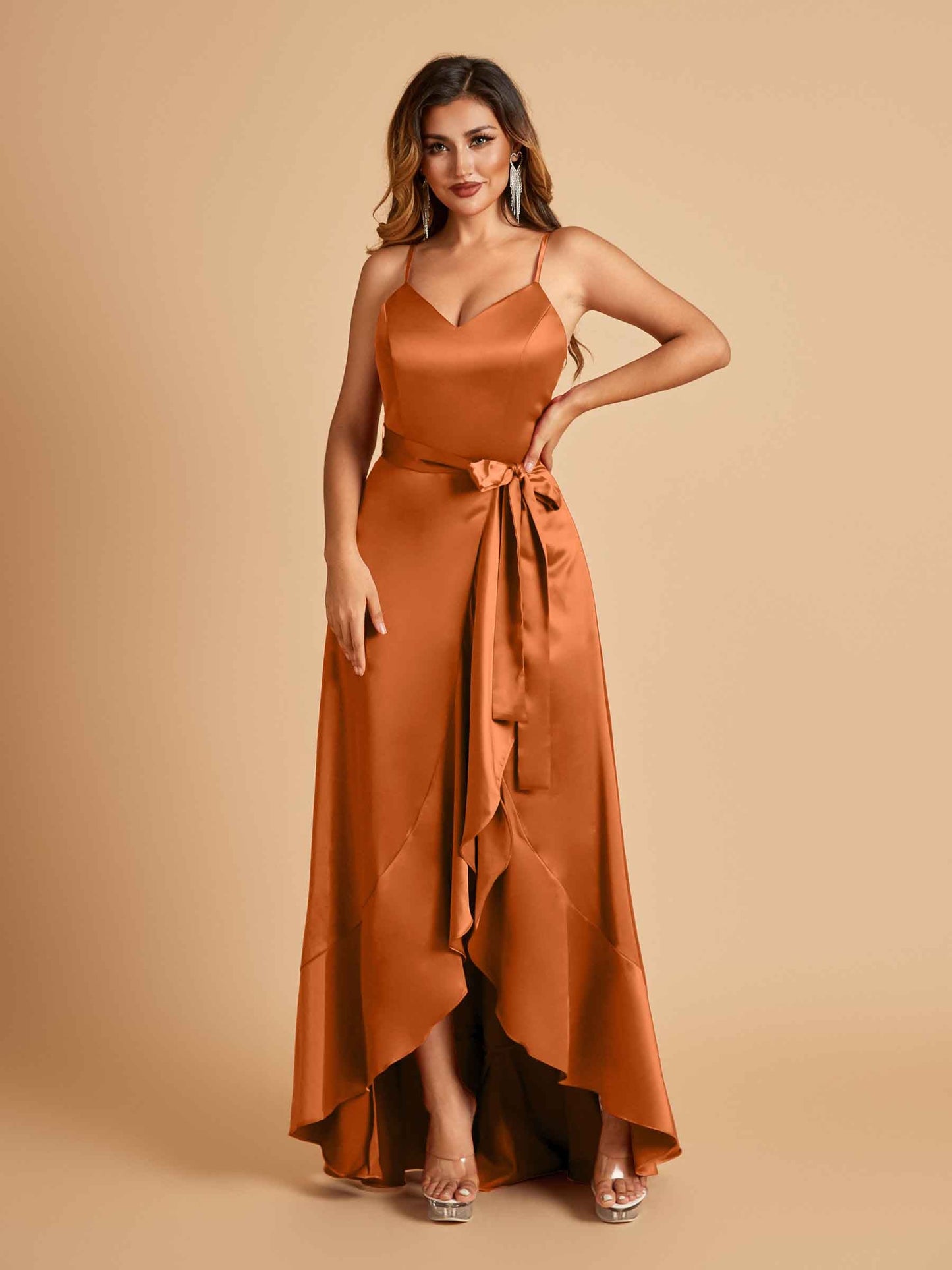 Satin Asymmetric V-neck Prom Dresses Sleeveless Side Slit A-line Unique