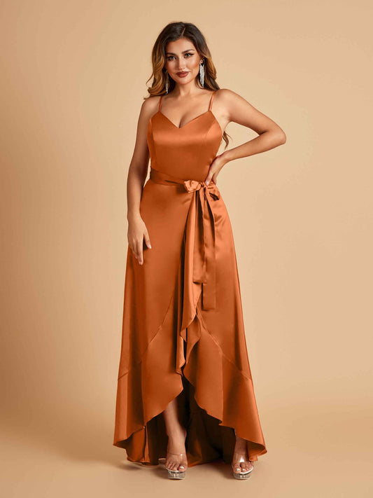 Satin Asymmetric V-neck Prom Dresses Sleeveless Side Slit A-line Unique