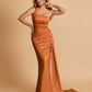 Sexy Satin One Shoulder Mermaid Bridesmaid Dresses Pleats Floor Length