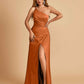 Satin One Shoulder Sheath Bridesmaid Dresses Spaghetti Straps Side Slit Floor Length