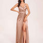 Sexy Satin A-line Bridesmaid Dresses Spaghetti Straps Side Slit V-neck Floor Length